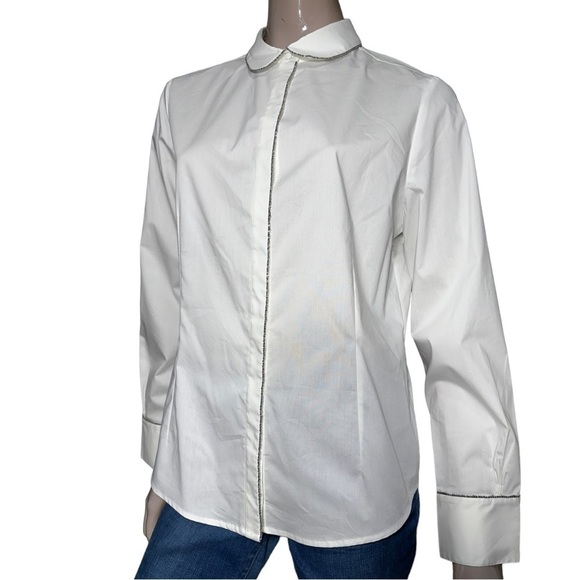 Brooks Brothers Size 14 White Silver Chain Trimmed Long Sleeve Button Down Shirt - Picture 2 of 7